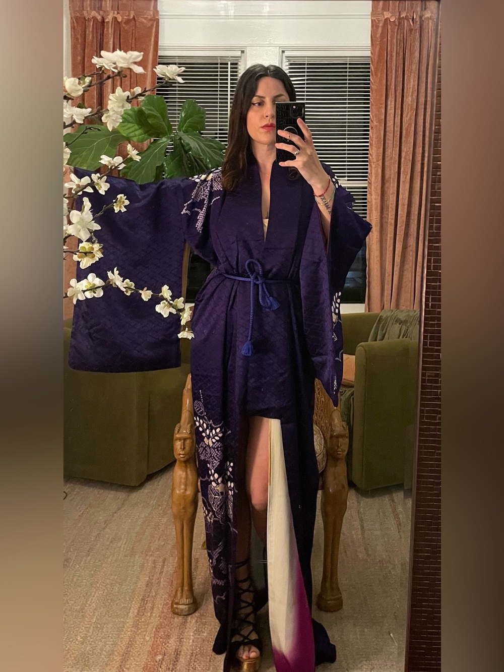 Inky violet vintage silk Japanese kimono Kanoko shibori dye purple furisode